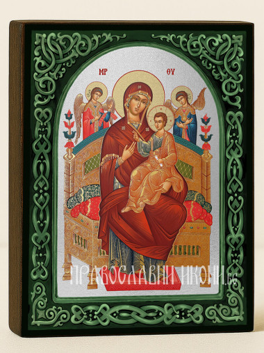 Сребърна икона на Света Богородица Всецарица със зелен флорален свод