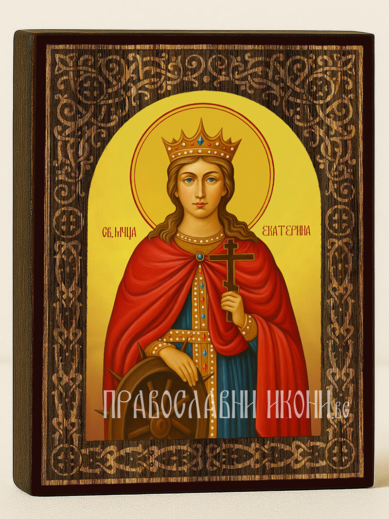 Икона на Света Екатерина с флорален дървесен свод