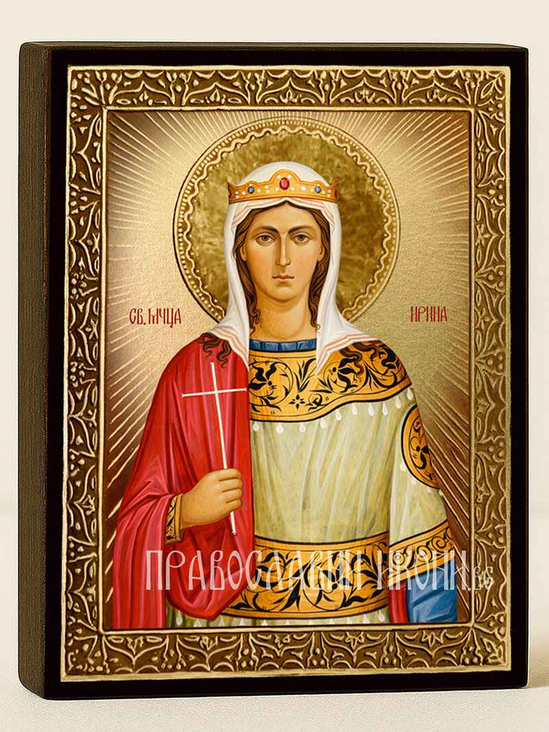 Златна икона на Света Ирина с декоративни лъчи и рамка