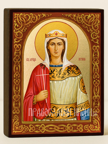 Икона на Света Ирина със златен фон и флорален свод