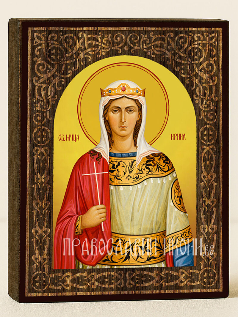 Икона на Света Ирина с флорален дървесен свод