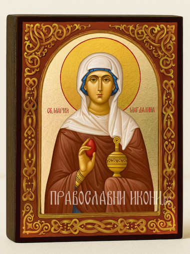 Икона на Св. Мария Магдалина със златен фон и флорален свод