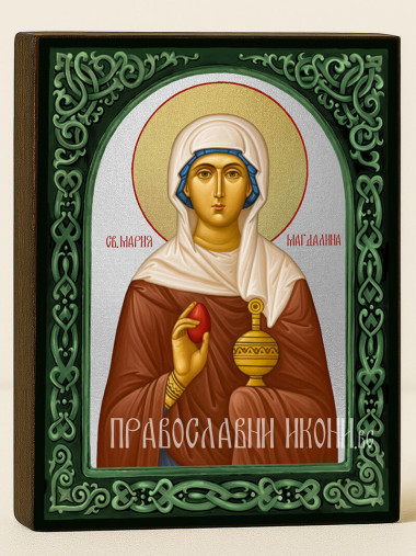 Сребърна икона на Св. Мария Магдалина със зелен флорален свод