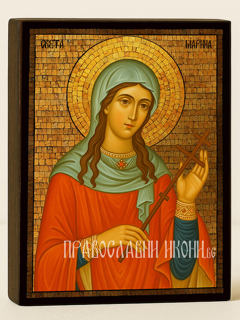 Златна икона на Света Марина с фон мозайка