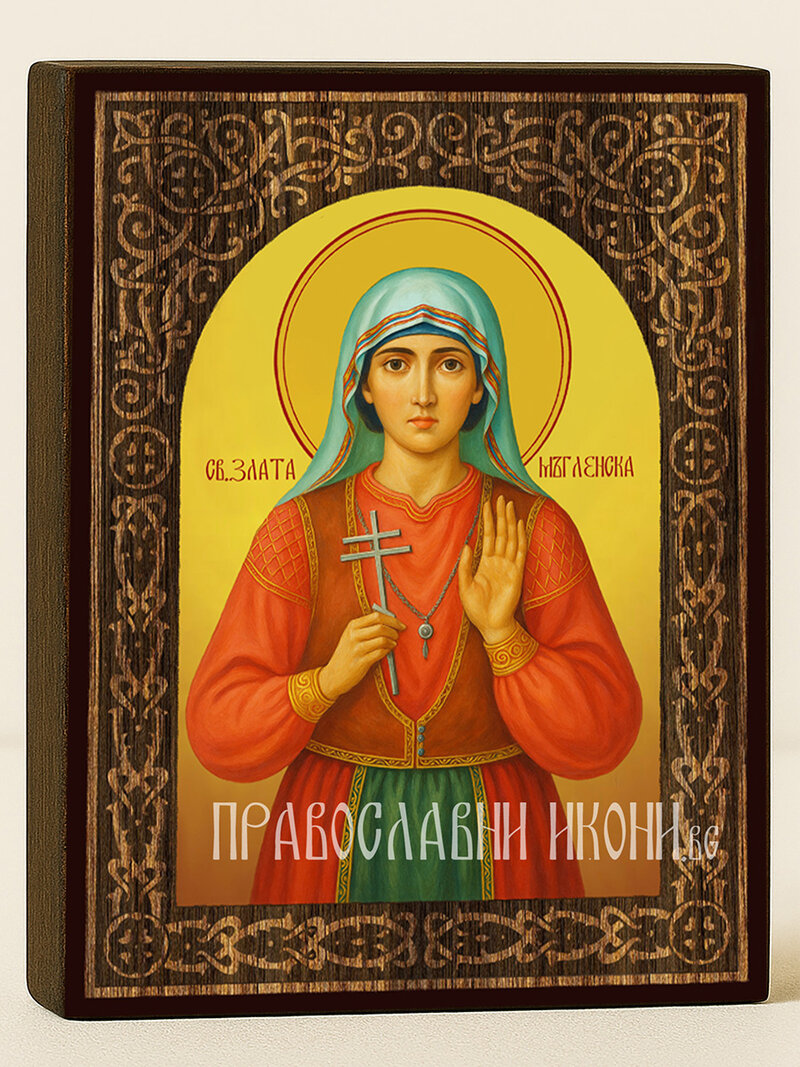 Икона на Света Злата Мъгленска с флорален дървесен свод