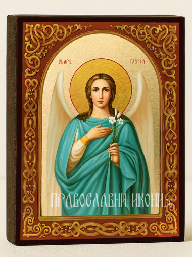 Икона на Св. Архангел Гавриил със златен фон и флорален свод