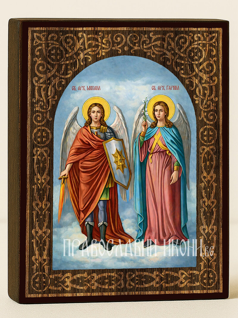 Икона на Св. Архангел Михаил и Св. Архангел Гавриил с дървесен флорален свод