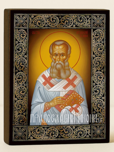 Икона на Свети Атанасий Велики с флорална дървесна рамка