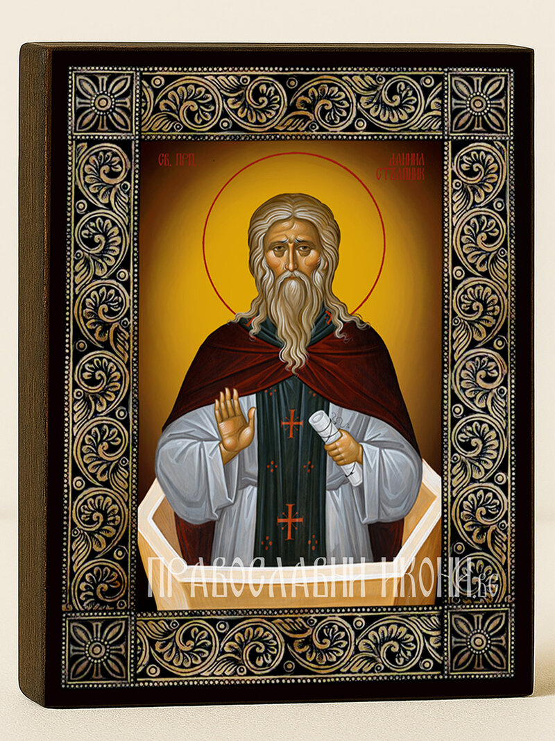 Икона на Св. Даниил Стълпник с рамка с флорални дървесни мотиви