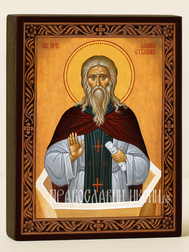 Икона на Св. Даниил Стълпник с охрен фон и декоративна рамка