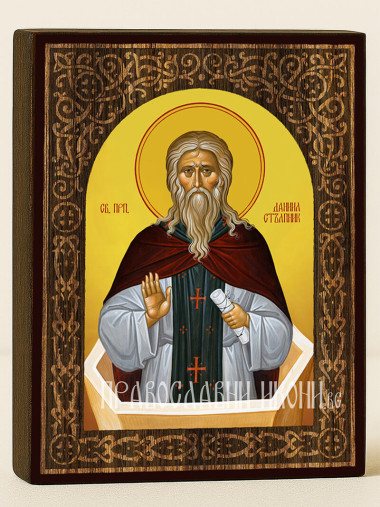 Икона на Св. Даниил Стълпник с флорален дървесен свод на жълт фон