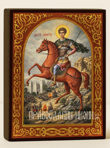 Икона на Св. Димитър на кон с флорален декоративен свод