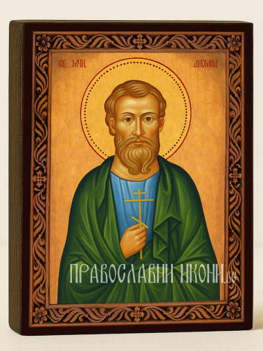 Икона на Св. Диомид с охрен фон и декоративна рамка