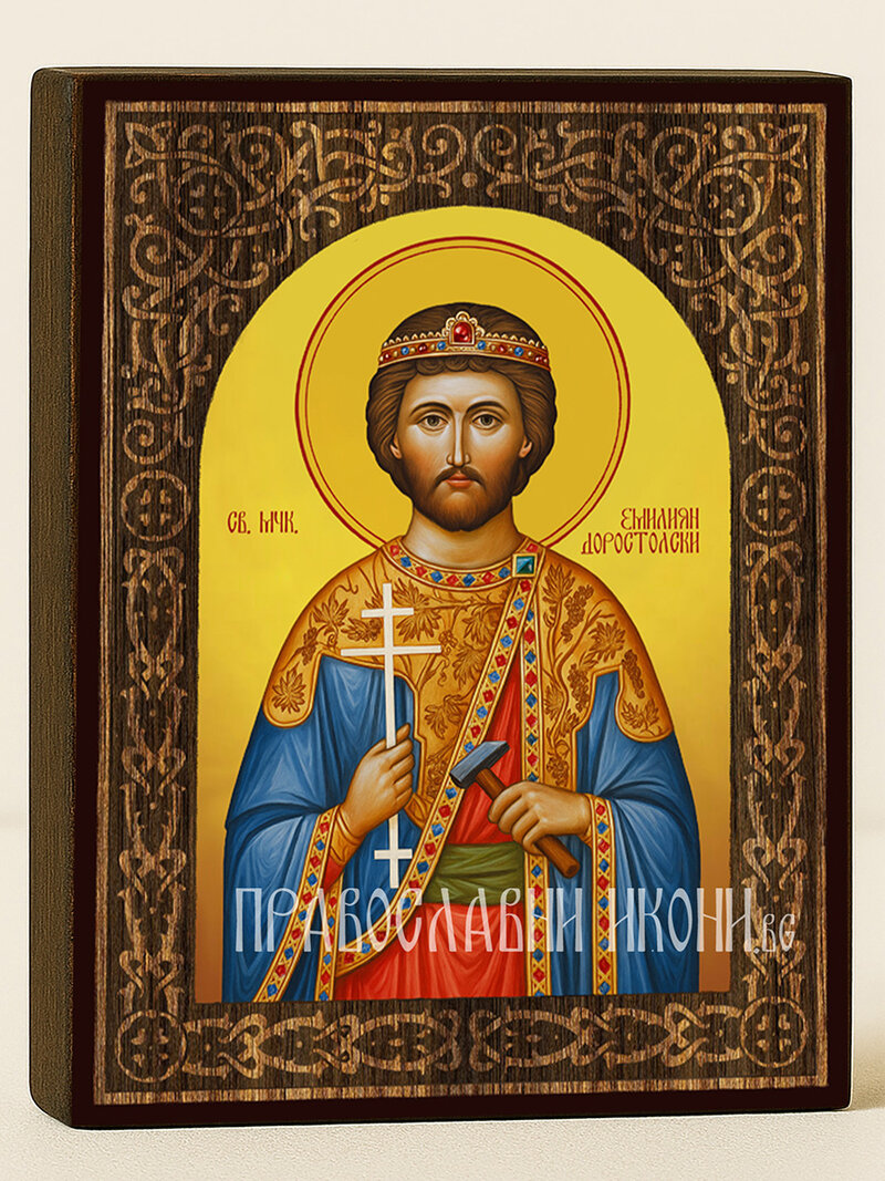 Икона на Св. Емилиан с флорален дървесен свод на жълт фон