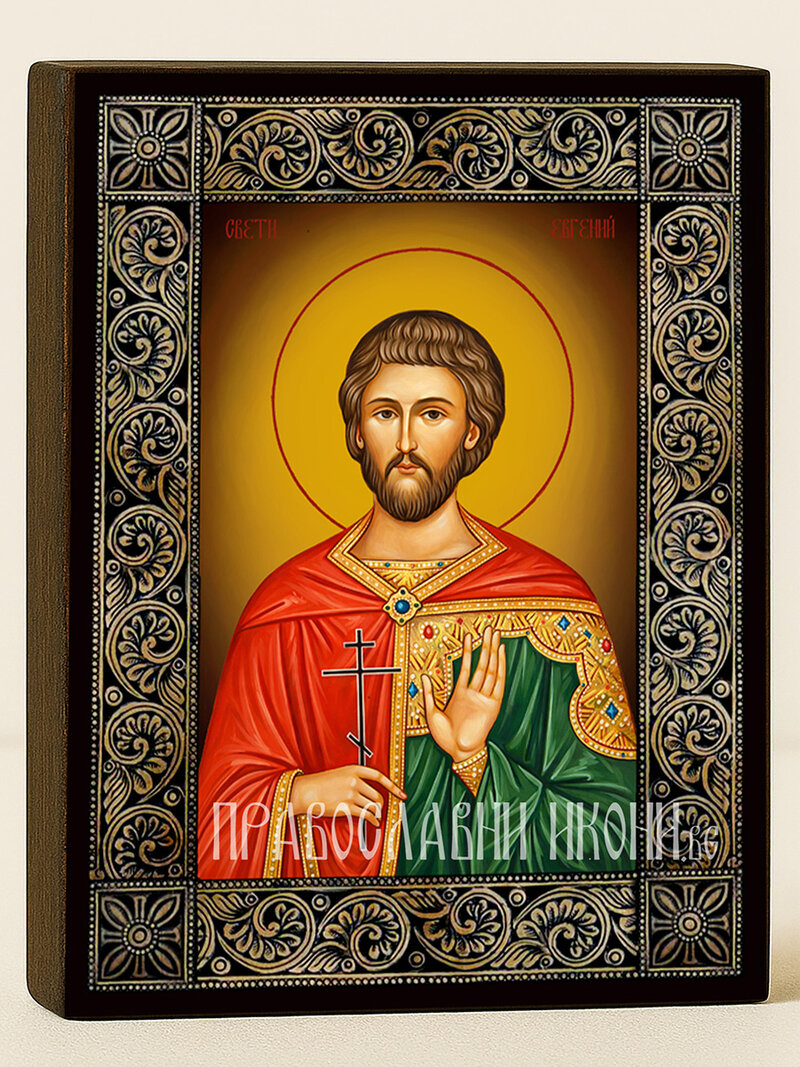 Икона на Св. Евгений с рамка с флорални дървесни мотиви