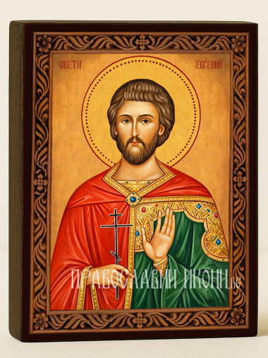 Икона на Св. Евгений с охрен фон и декоративна рамка