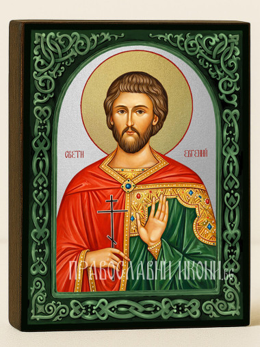 Икона на Св. Евгений със зелен флорален свод и сребърен фон