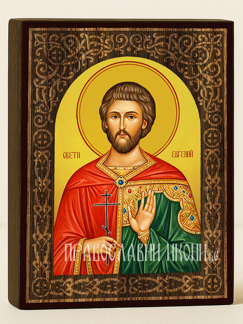 Икона на Св. Евгений с флорален дървесен свод на жълт фон