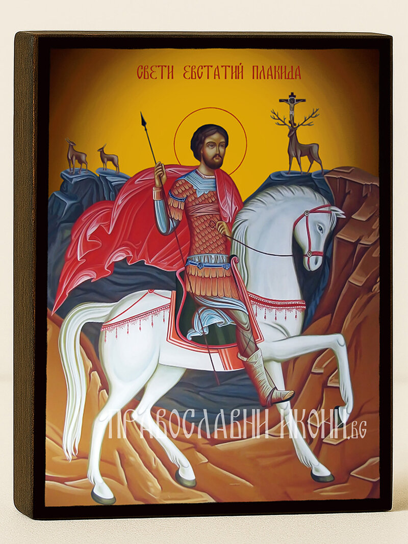 Икона на Св. Евстатий Плакида с жълт фон със затъмняване