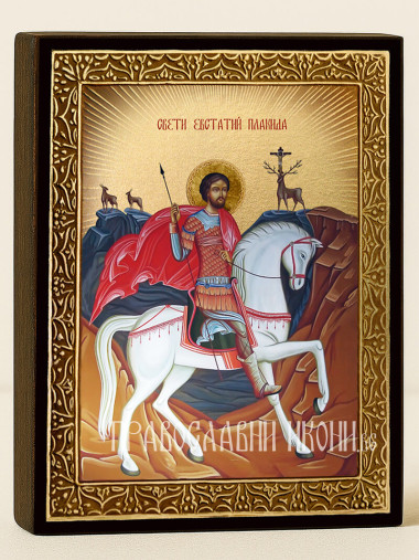 Икона на Св. Евстатий Плакида със златист фон с лъчи и рамка