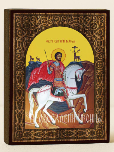 Икона на Св. Евстатий Плакида с флорален дървесен свод на жълт фон
