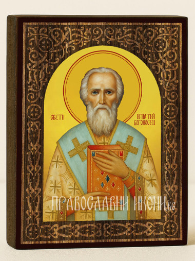 Икона на Св. Игнатий Богоносец с флорален дървесен свод на жълт фон