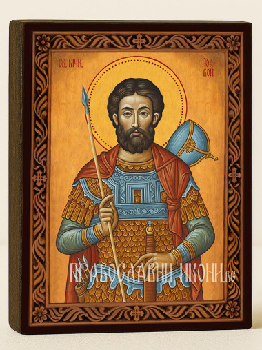 Икона на Св. Йоан Воин с охрен фон и декоративна рамка