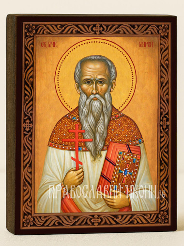 Икона на Св. Мирон с охрен фон и декоративна рамка