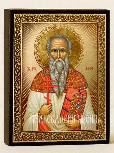 Икона на Св. Мирон със златист фон с лъчи и рамка
