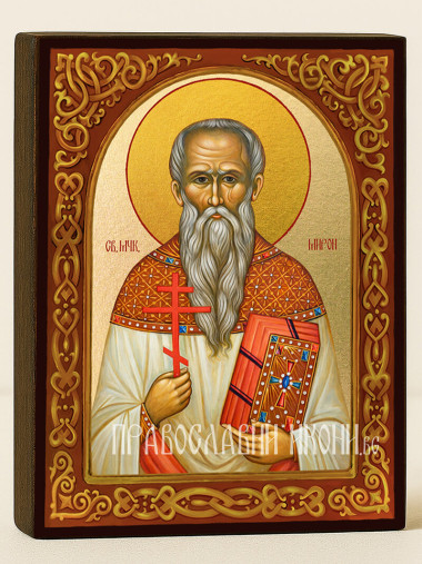 Икона на Св. Мирон с флорален декоративен свод и златен фон