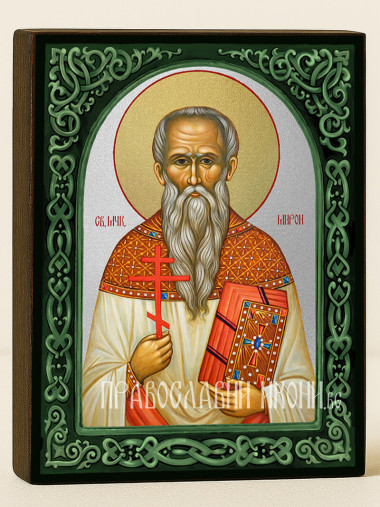 Икона на Св. Мирон със зелен флорален свод и сребърен фон