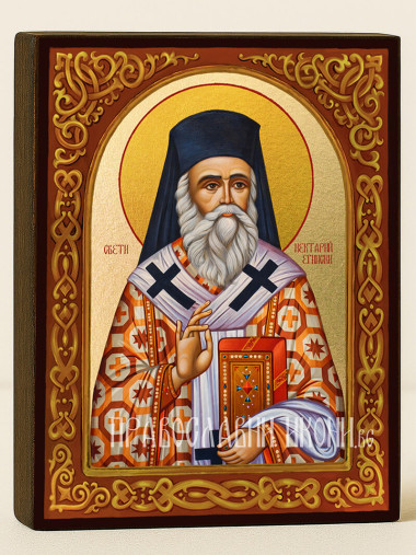 Икона на Св. Нектарий Егински с флорален декоративен свод и златен фон