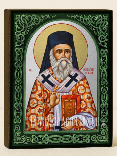 Икона на Св. Нектарий Егински със зелен флорален свод и сребърен фон