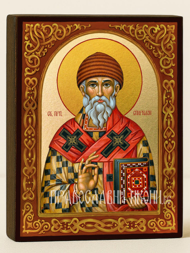 Икона на Св. Спиридон с флорален декоративен свод и златен фон