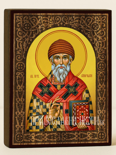 Икона на Св. Спиридон с флорален дървесен свод на жълт фон