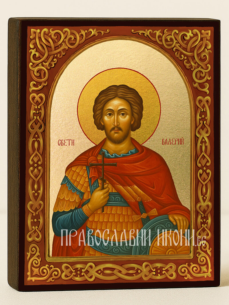 Икона на Свети Валерий със златен фон и флорален свод
