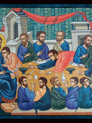 Икона на Тайната вечеря със синя мозайка на сребърен фон